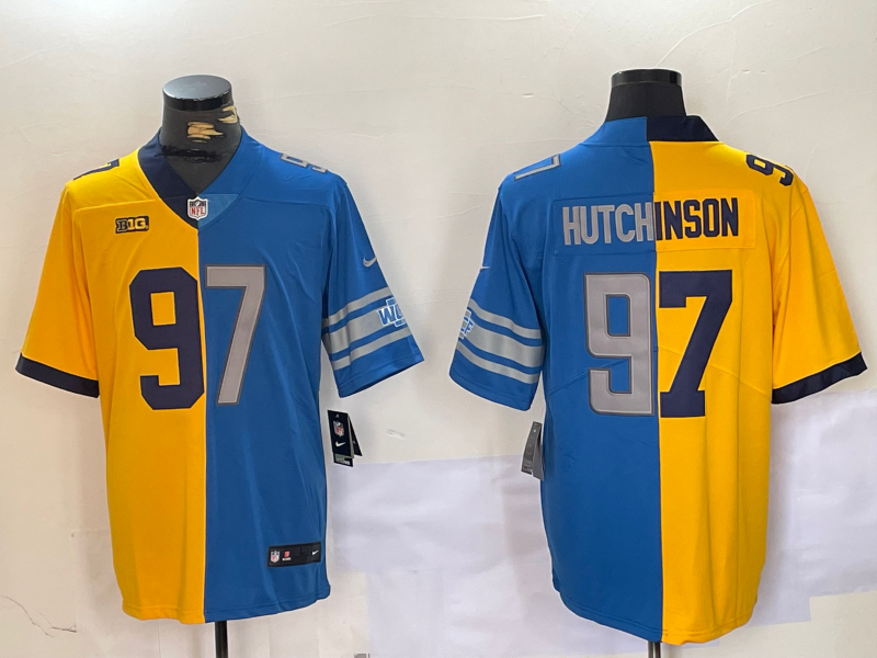 Men's Detroit Lions #97 Aidan Hutchinson Yellow Blue Split Vapor Limited Stitched Jersey Men's Detroit Lions #97 Aidan Hutchinson Yellow Blue Split Vapor Limited Stitched Jersey